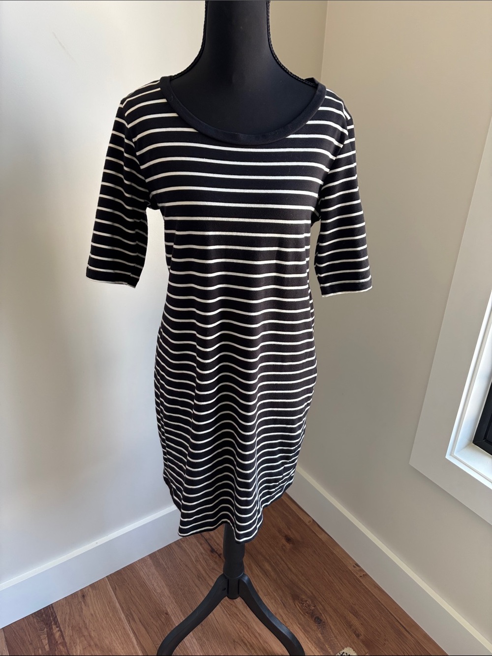 Philosophy Black and White Striped Scoop-Neck Midi Dress